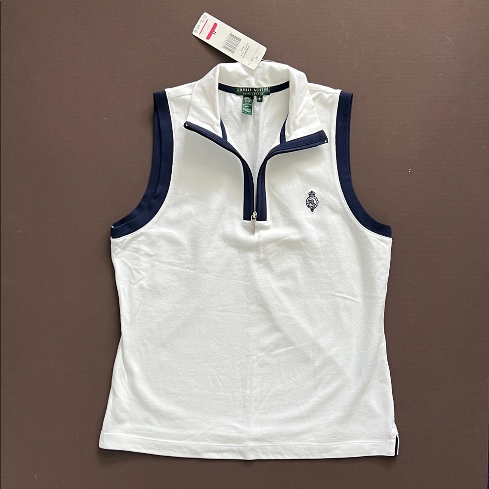 Ralph Lauren White Quarter-Zip Top with Navy Accents